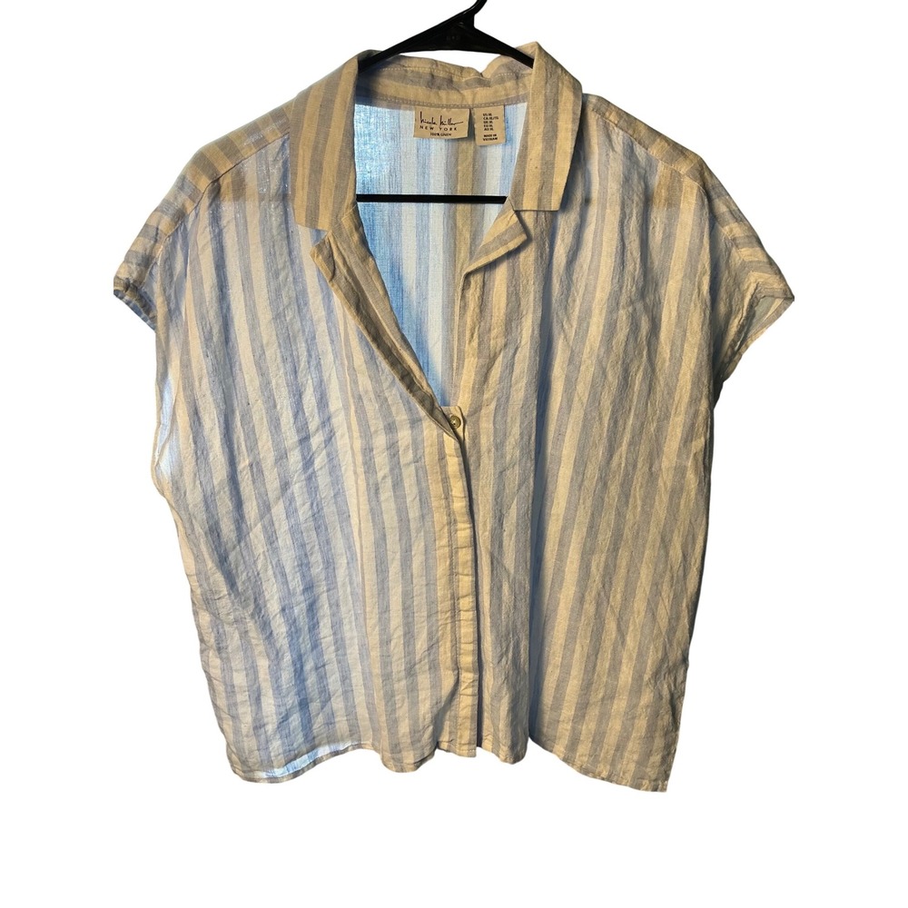 Nicole Miller New York 100% Linen Striped Button Up Shirt Blue White XL